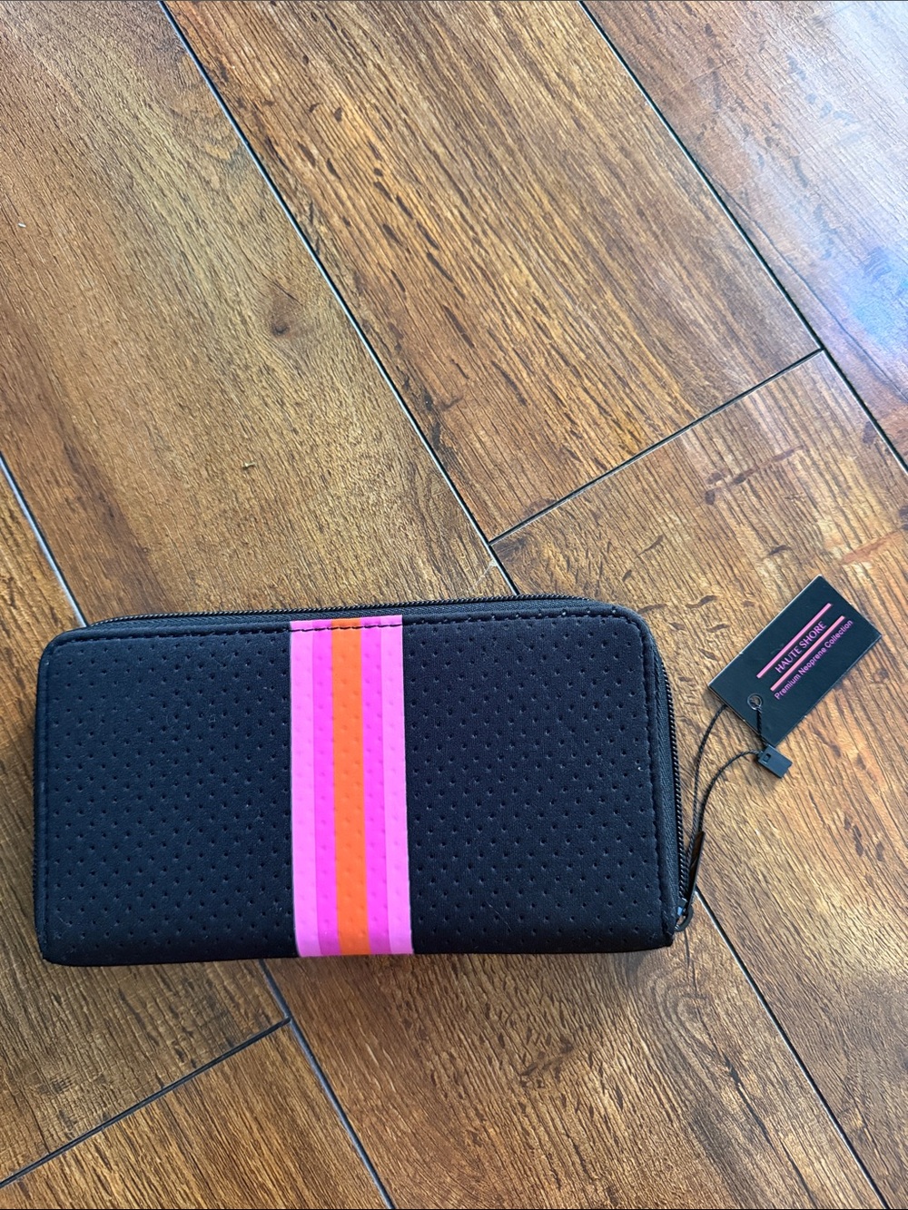 HAUTE SHORE Black Zip Wallet with Pink & Orange Center Stripes